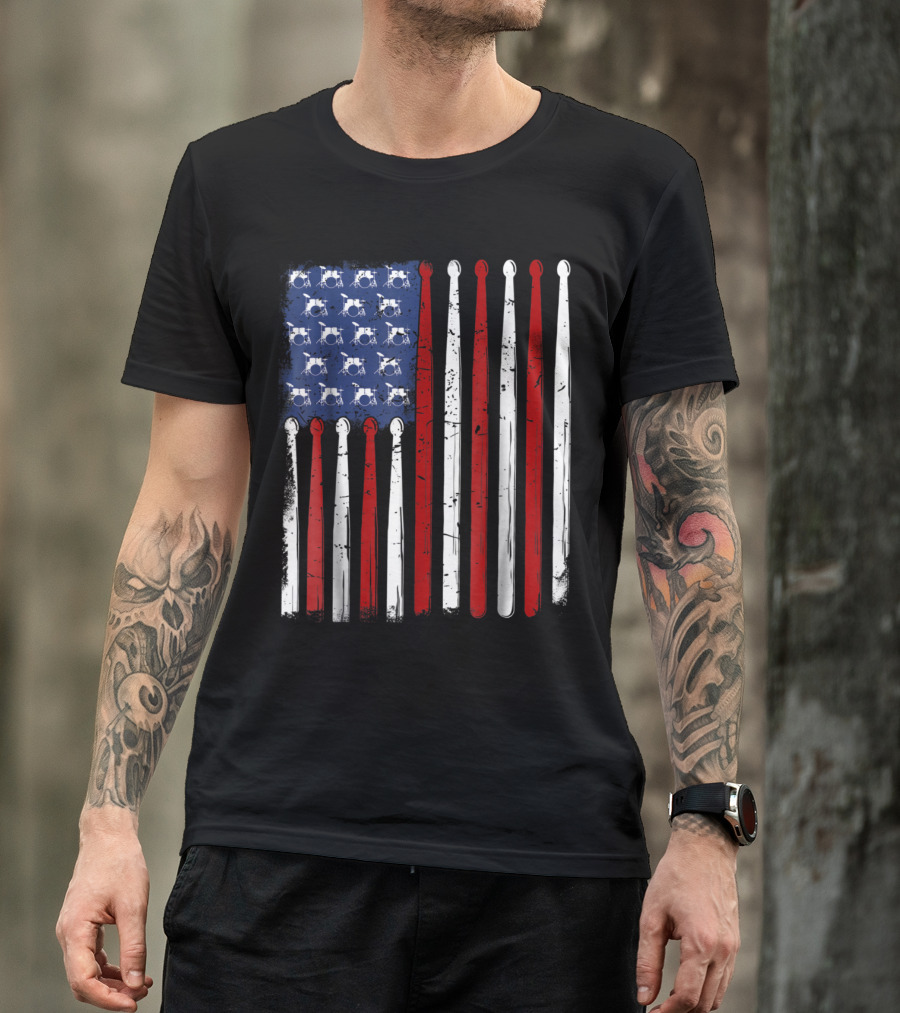 American Flag With Drumkits And Drumsticks T-Shirt