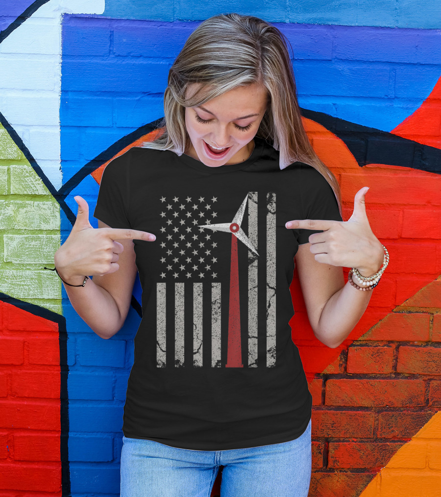 American Flag With Wind Turbine Stripes Engineer T-Shirt