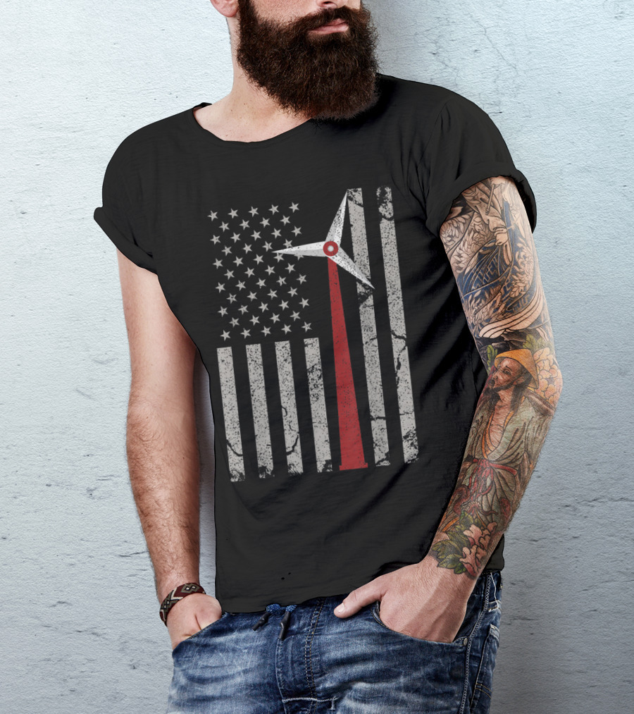 American Flag With Wind Turbine Stripes Engineer T-Shirt