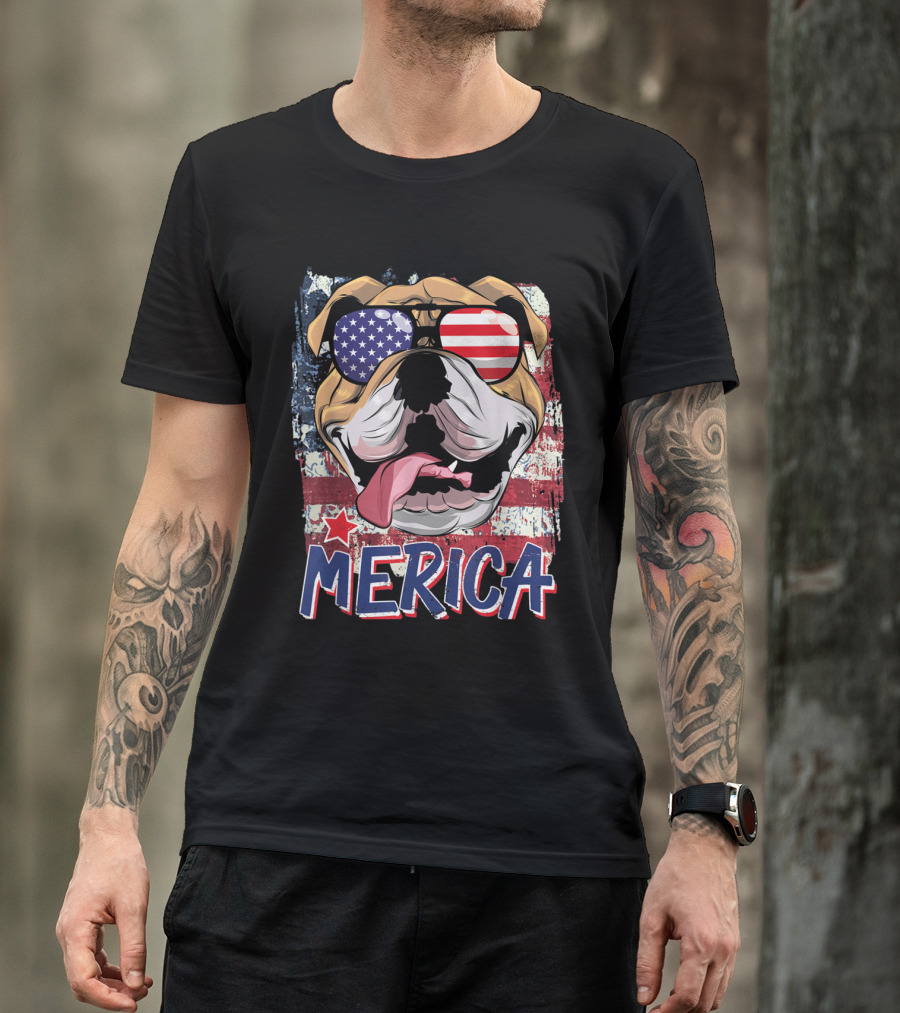 Merica American Flag Bulldog With Patriotic Sunglasses T-Shirt