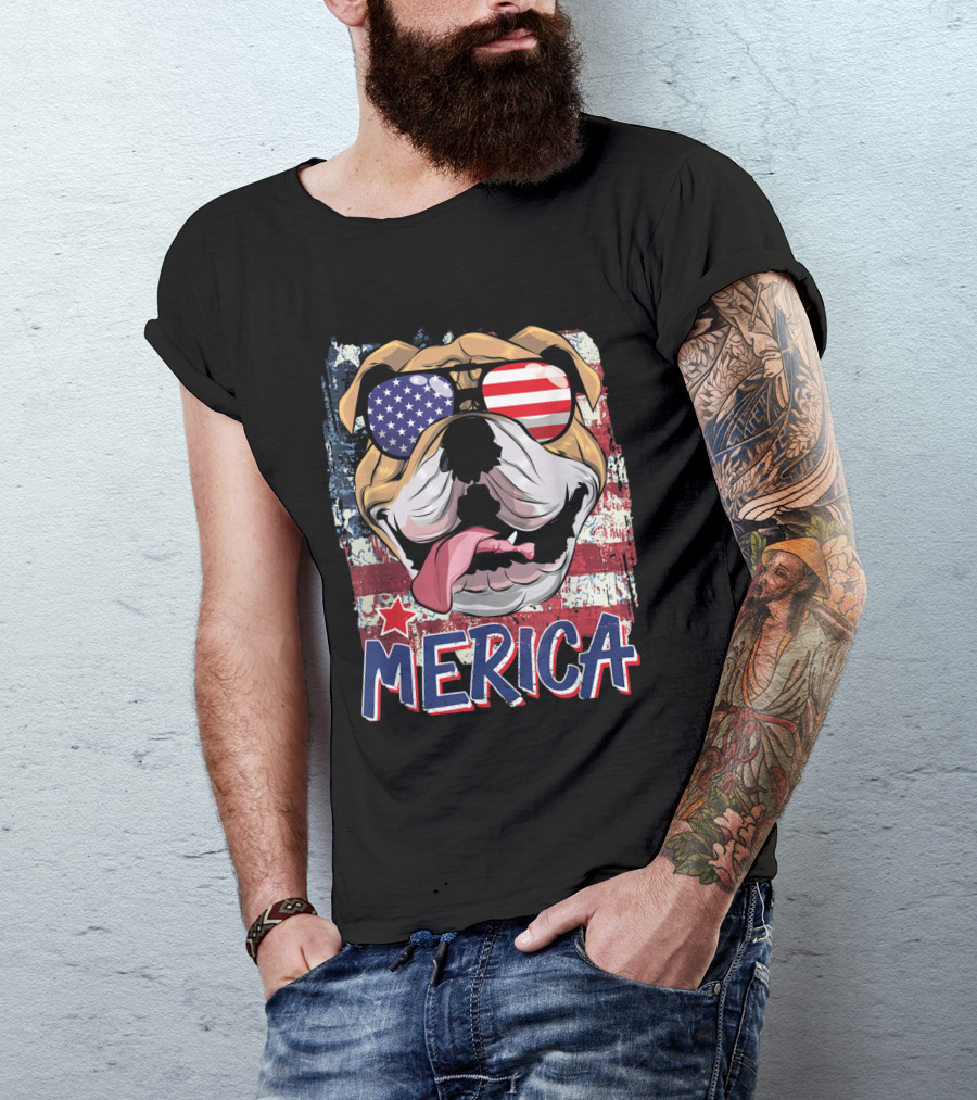 Merica American Flag Bulldog With Patriotic Sunglasses T-Shirt