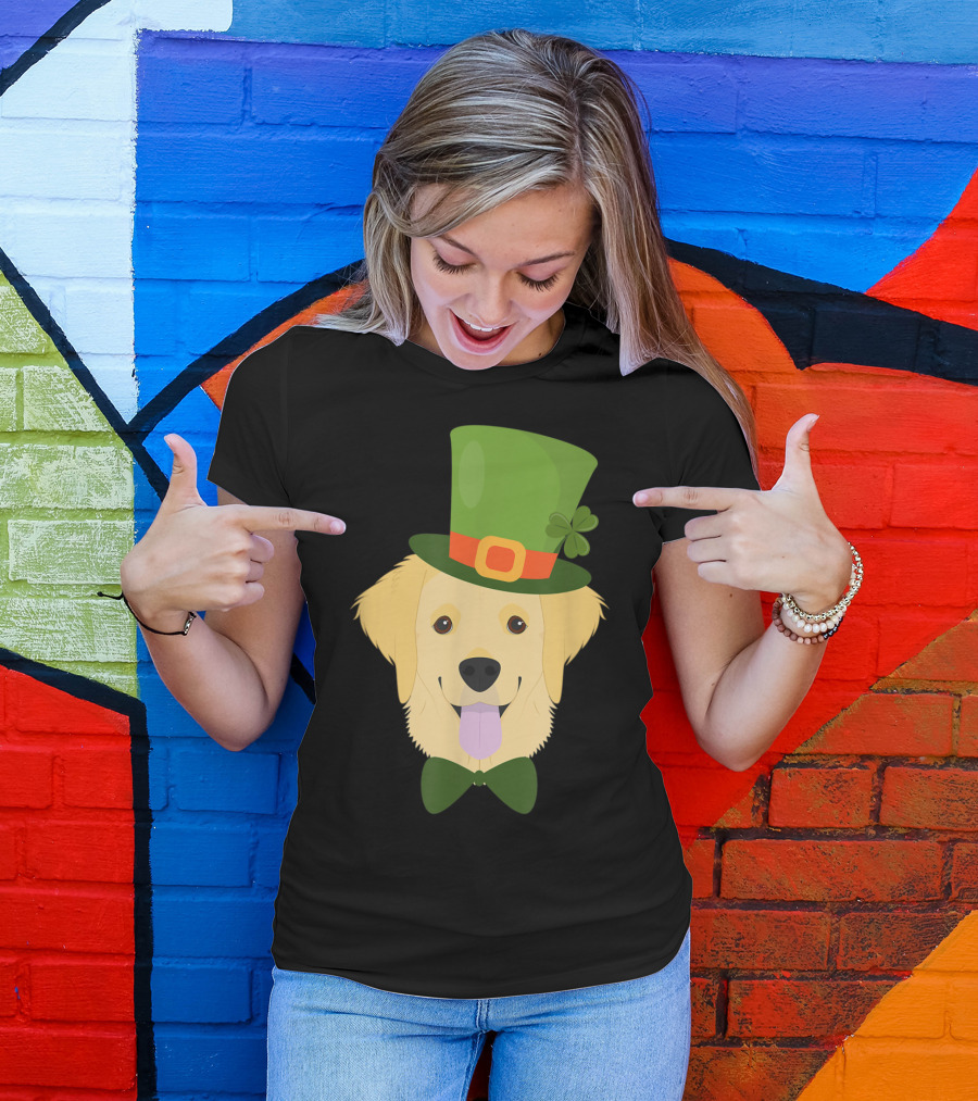 Irish Golden Retriever Dog Lovers St Patrick's Day Festive Hat Bow Tie Shamrock T-Shirt