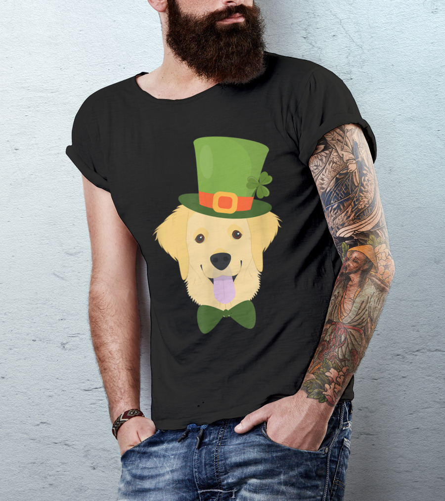 Irish Golden Retriever Dog Lovers St Patrick's Day Festive Hat Bow Tie Shamrock T-Shirt