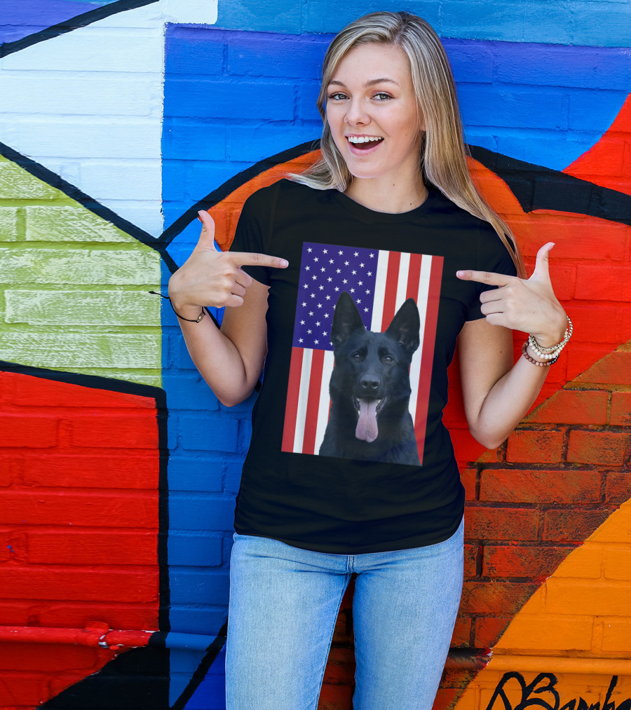Black German Shepherd With USA Flag Background T-Shirt