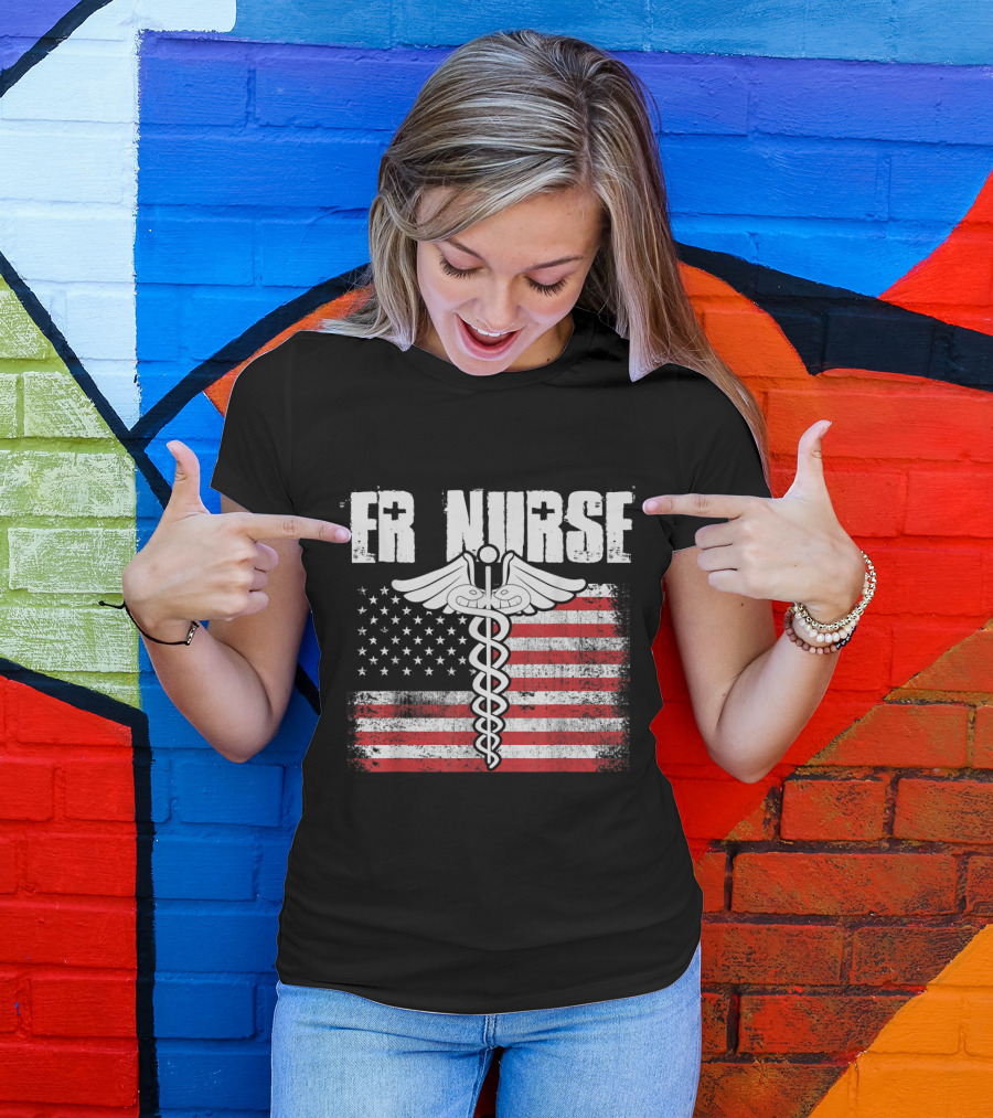 ER Nurse American Flag Caduceus Symbol USA T-Shirt
