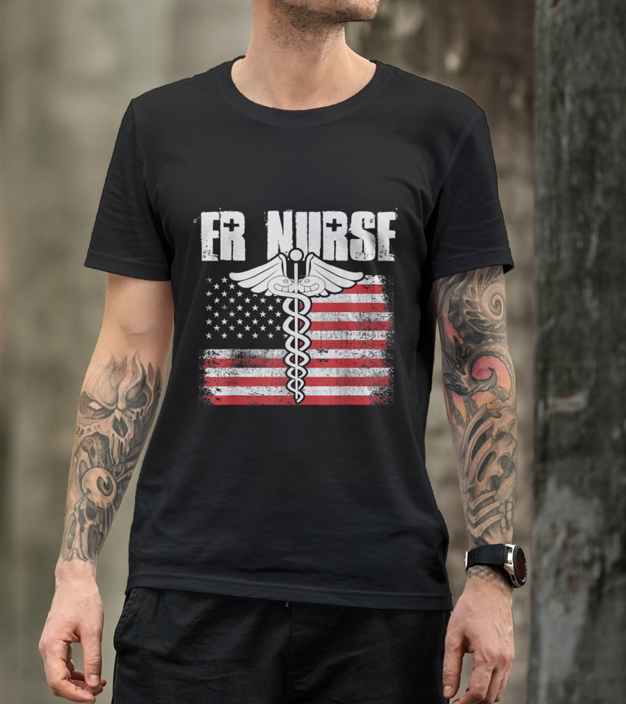 ER Nurse American Flag Caduceus Symbol USA T-Shirt