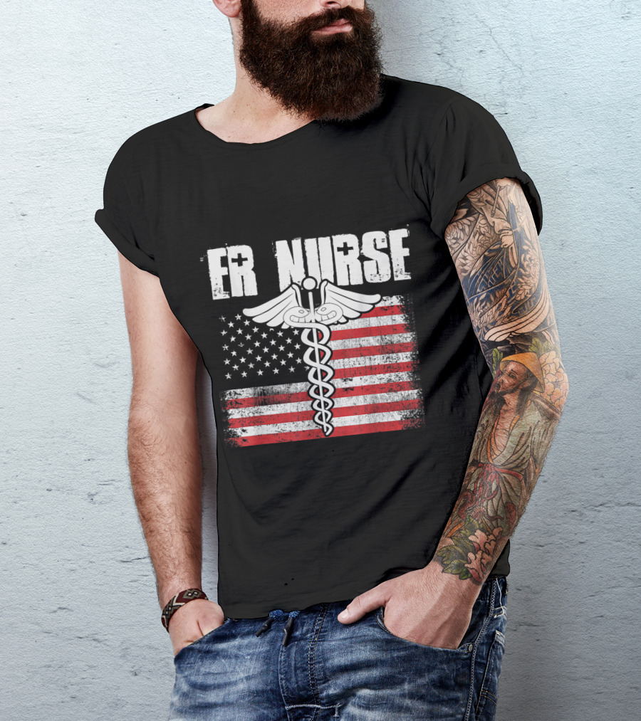 ER Nurse American Flag Caduceus Symbol USA T-Shirt