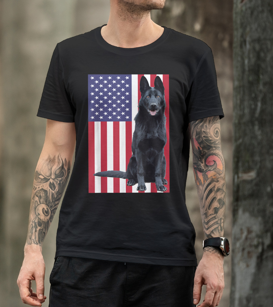 Black German Shepherd With American Flag Background T-Shirt