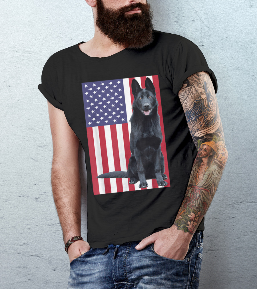 Black German Shepherd With American Flag Background T-Shirt