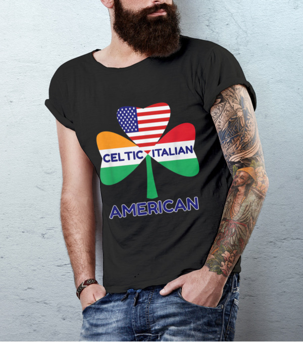 Celtic Italian American Flag Shamrock Heart T-Shirt