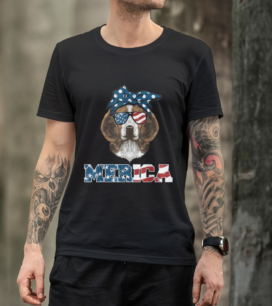 Merica Stars And Stripes Beagle With Patriotic Bow And Sunglasses T-Shirt
