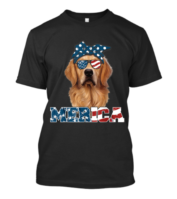 Patriotic 'Merica Golden Retriever With American Flag Sunglasses And Polka Dot Bandana T-Shirt