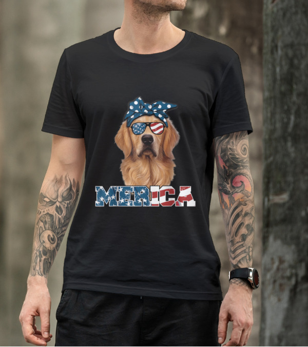 Patriotic 'Merica Golden Retriever With American Flag Sunglasses And Polka Dot Bandana T-Shirt