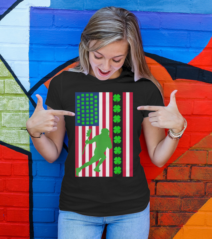 Irish Lacrosse American Flag Shamrock Pattern With Green Player T-Shirt