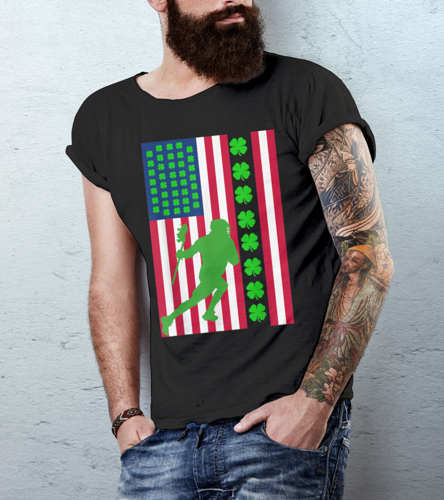 Irish Lacrosse American Flag Shamrock Pattern With Green Player T-Shirt