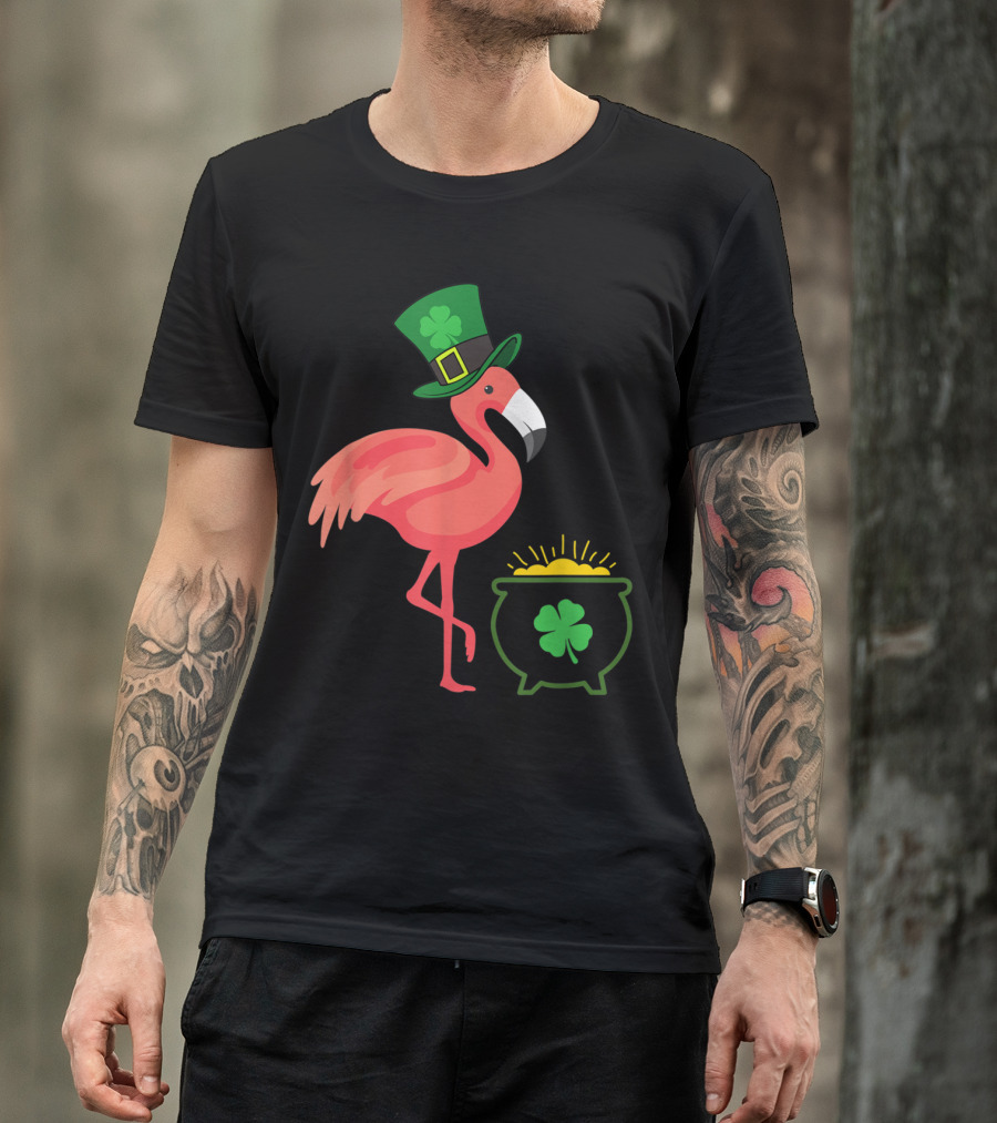 Leprechaun Flamingo With Shamrock Hat And Pot Of Gold For St. Patrick's Day T-Shirt