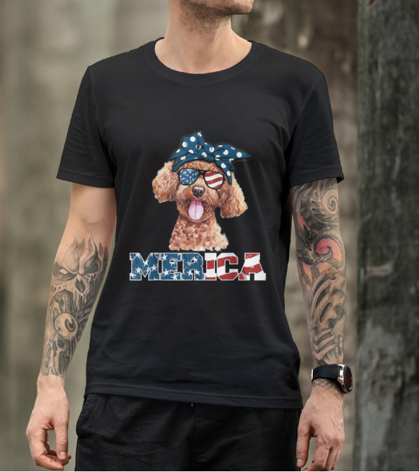 MERICA Poodle With American Flag Sunglasses And Bandana T-Shirt