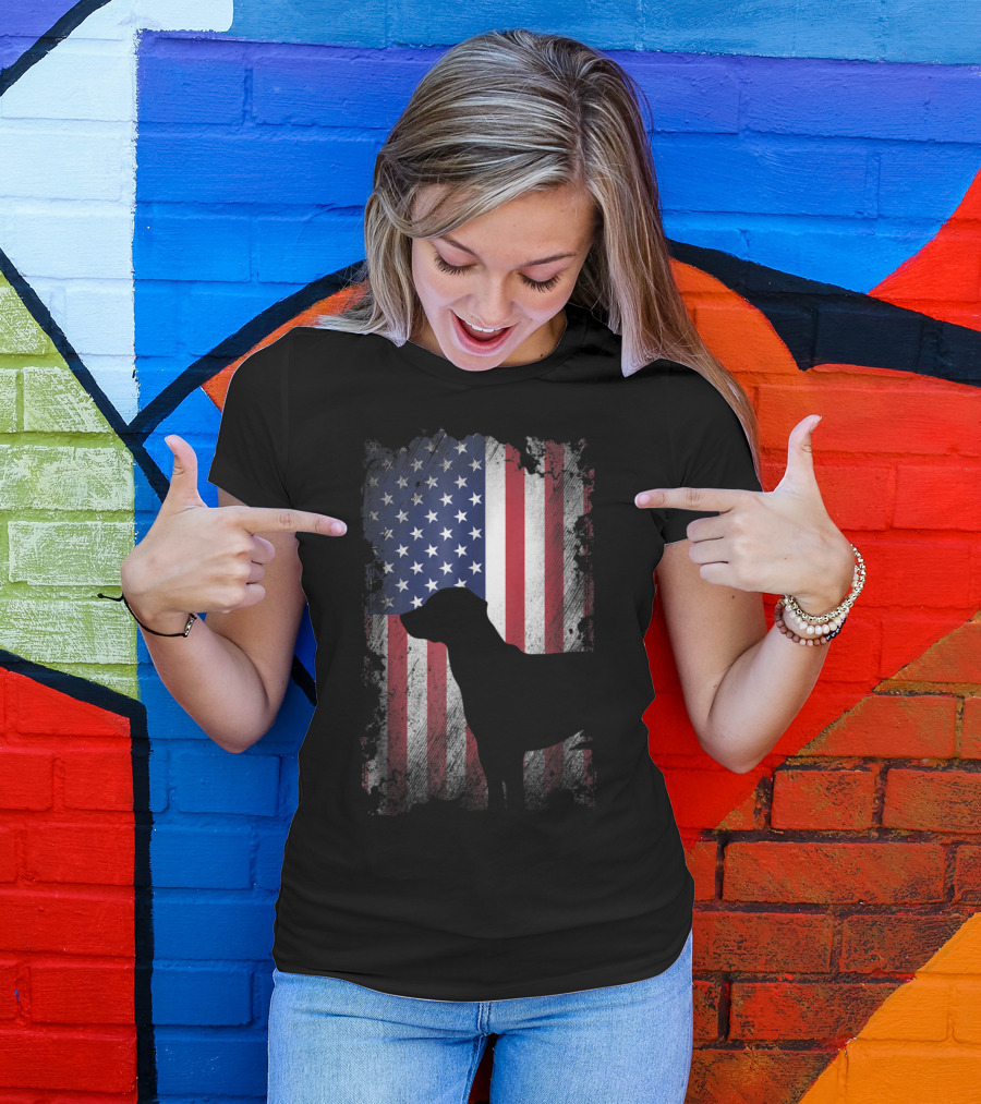 Black Lab Silhouette With American Flag USA Patriotic Background T-Shirt