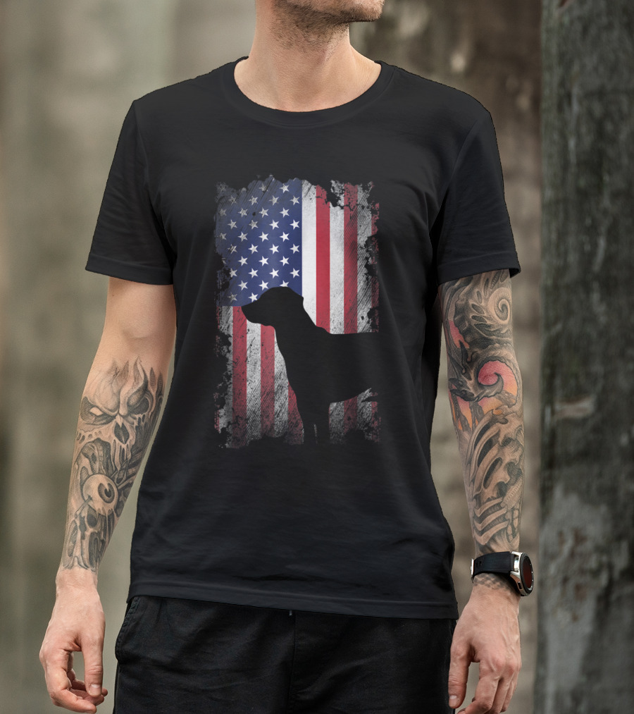 Black Lab Silhouette With American Flag USA Patriotic Background T-Shirt