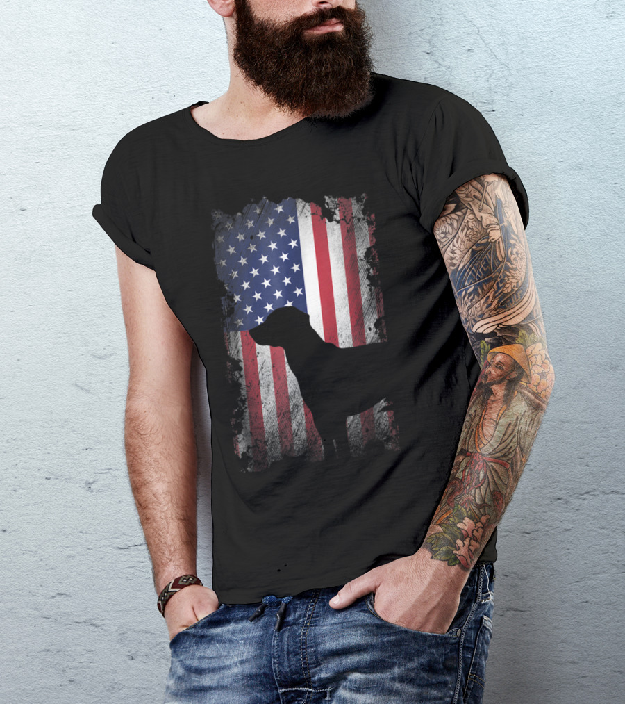 Black Lab Silhouette With American Flag USA Patriotic Background T-Shirt