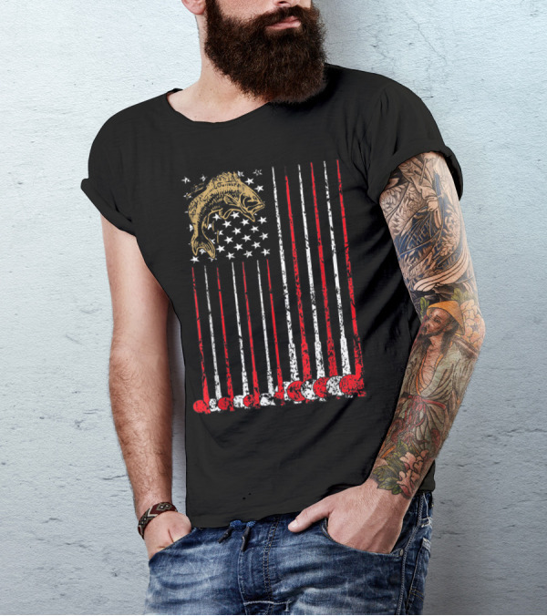 American Flag Fishing Fish With Vintage Red White Stripes Bass T-Shirt