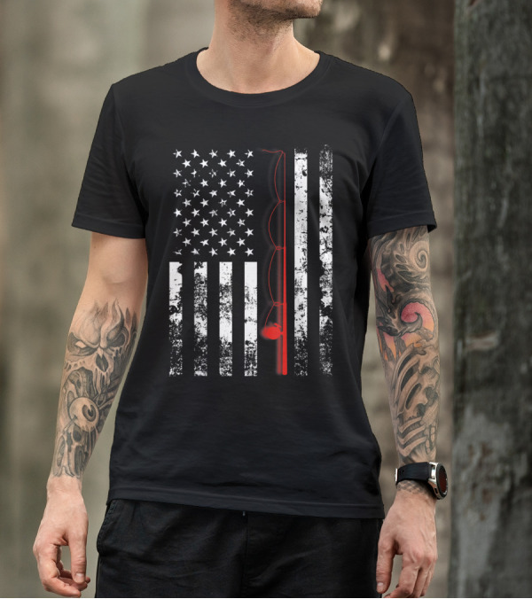 USA Patriot American Flag With Fishing Rod T-Shirt