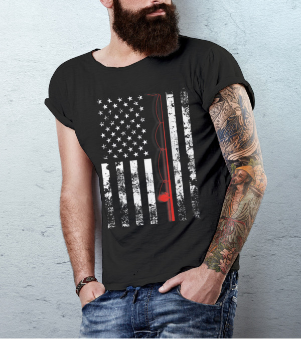 USA Patriot American Flag With Fishing Rod T-Shirt
