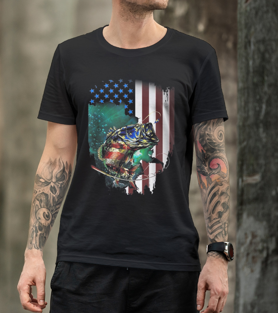 American Flag Fishing Vint With Fish And Stars And Stripes Background T-Shirt
