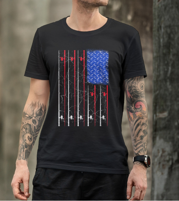 Fishing Rod American Flag With Blue Hook T-Shirt