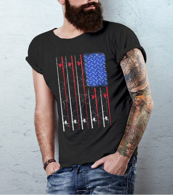 Fishing Rod American Flag With Blue Hook T-Shirt