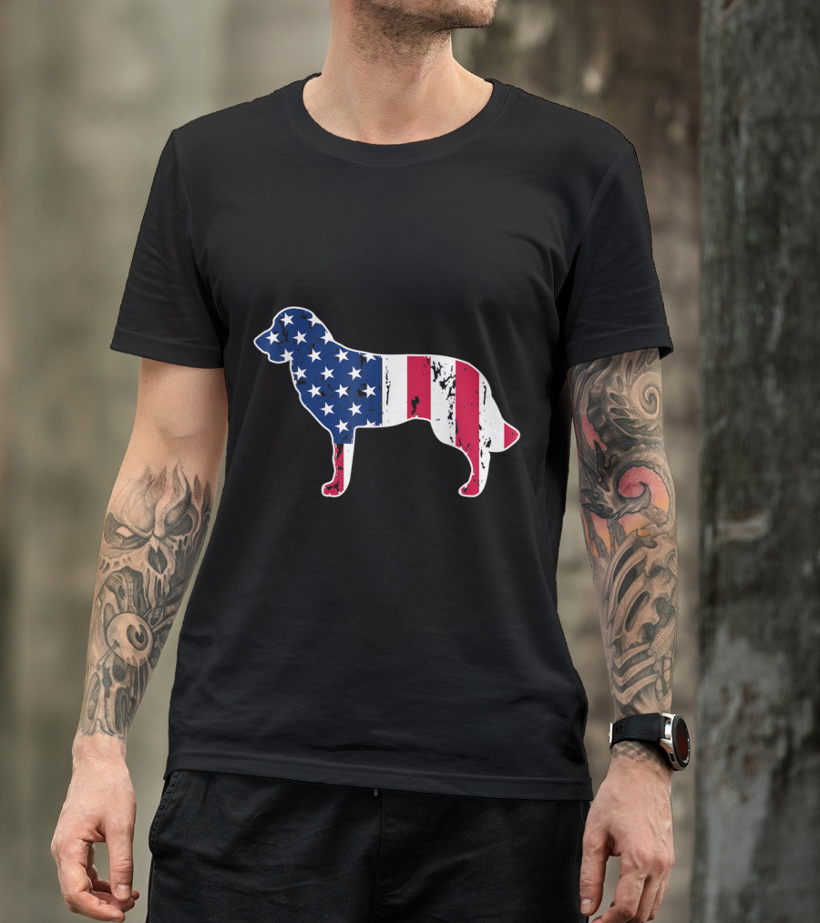Golden Retriever Silhouette With American Flag For Dog Lovers T-Shirt