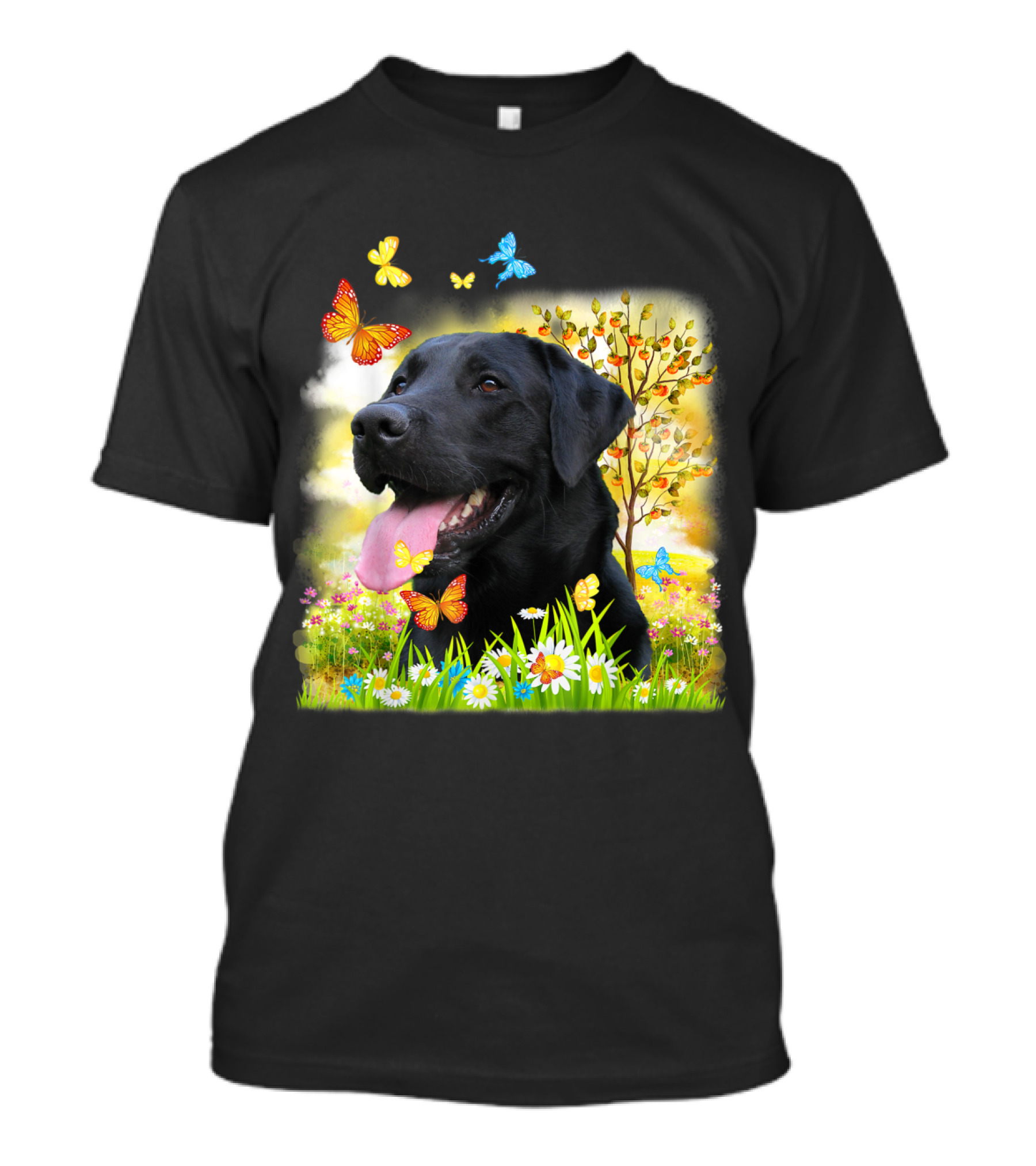 Black Labrador Cute Dog I Love My Colorful Nature And Butterfly Scene T-Shirt