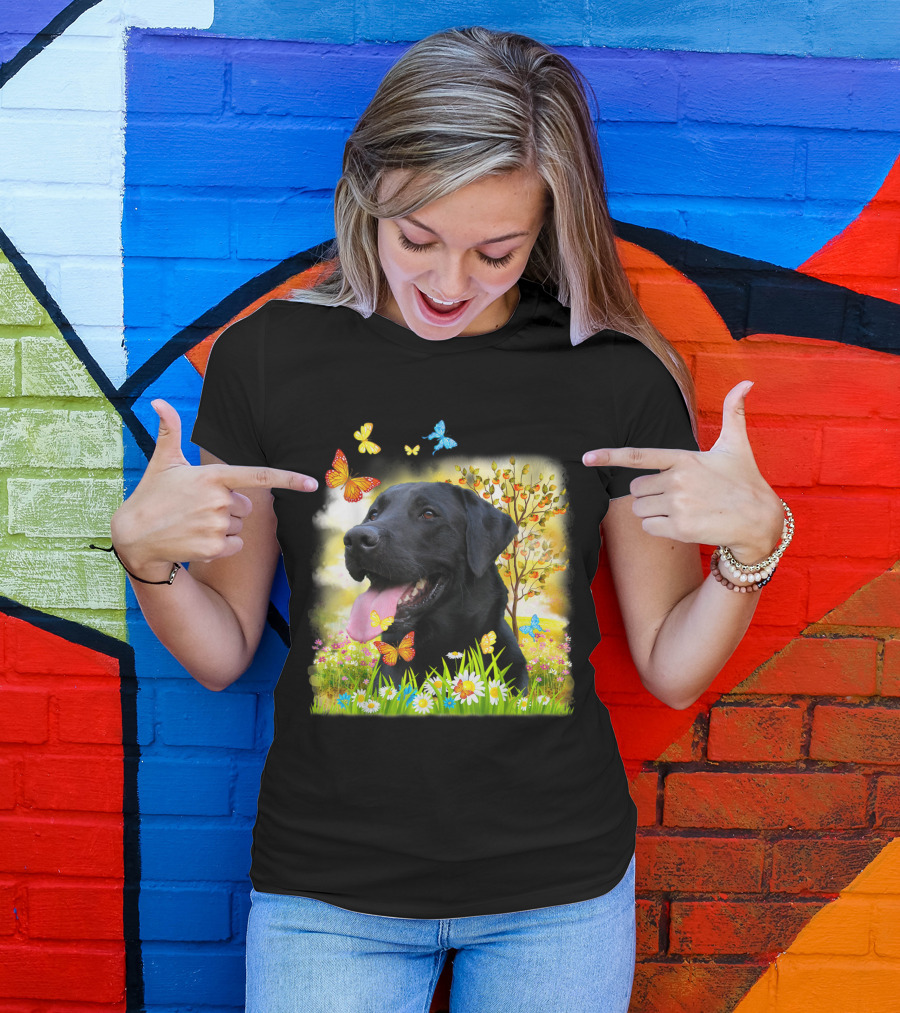 Black Labrador Cute Dog I Love My Colorful Nature And Butterfly Scene T-Shirt