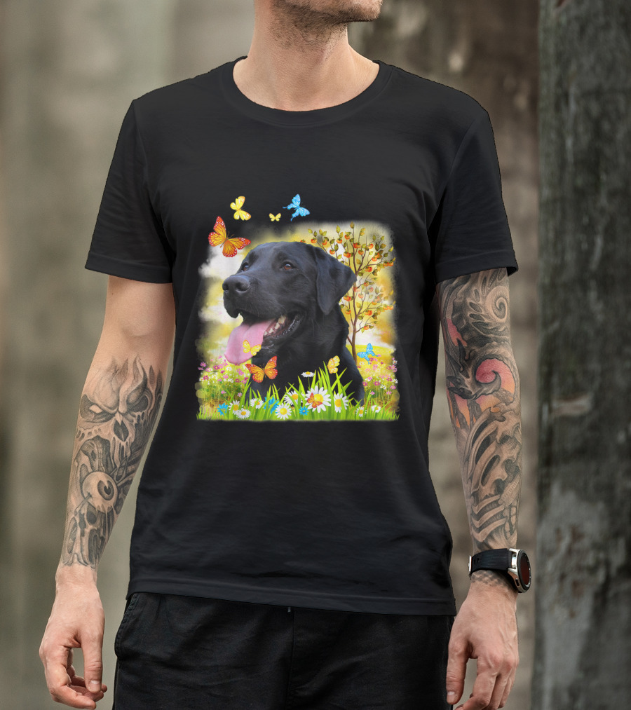 Black Labrador Cute Dog I Love My Colorful Nature And Butterfly Scene T-Shirt