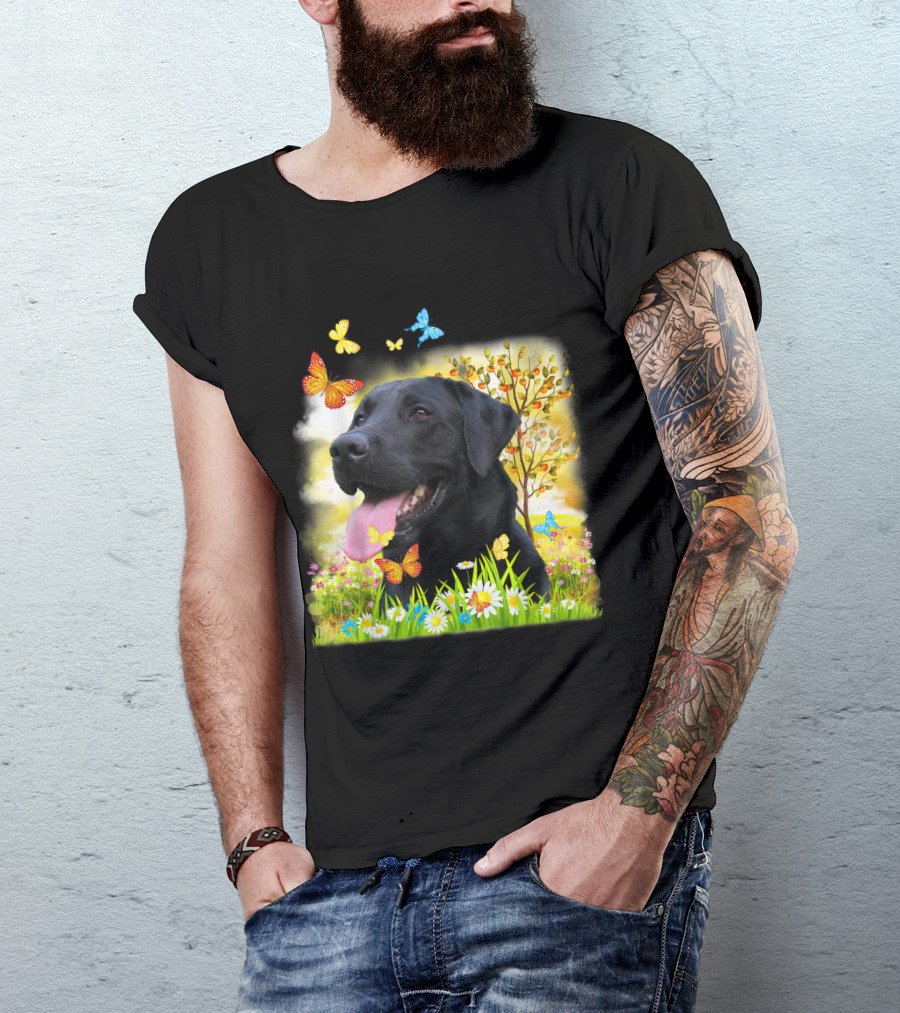 Black Labrador Cute Dog I Love My Colorful Nature And Butterfly Scene T-Shirt