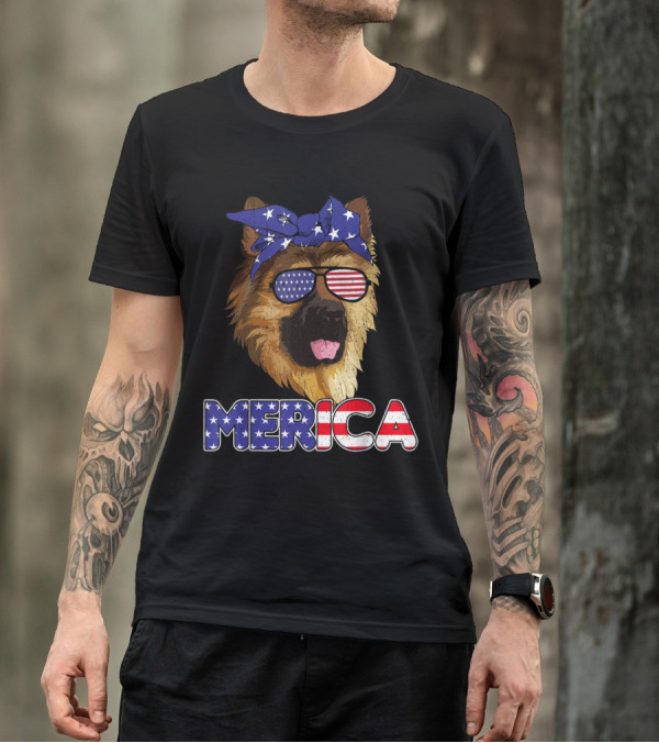 Merica German Shepherd Wearing American Flag Glasses And Bandana For 4th Of July T-Shirt