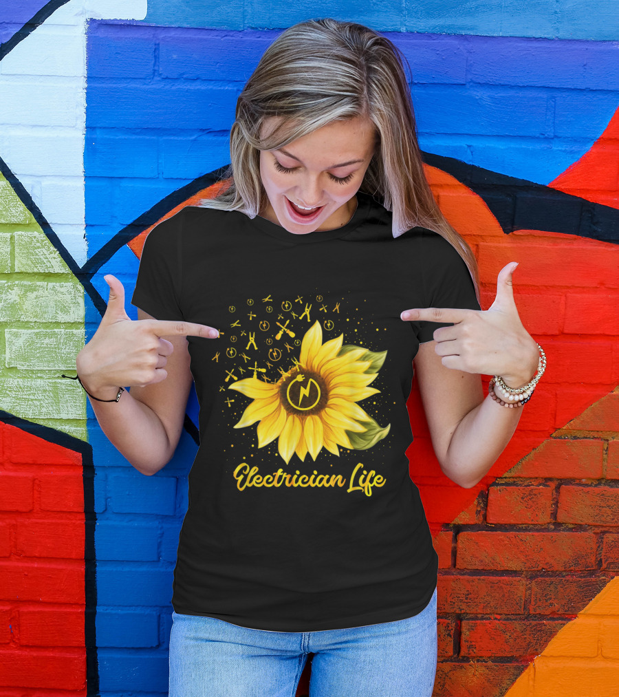 Electrician Life Sunflower With Voltage Symbols And Bright Yellow T-Shirt