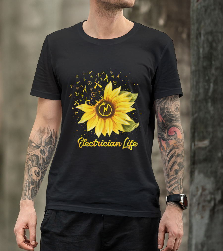 Electrician Life Sunflower With Voltage Symbols And Bright Yellow T-Shirt