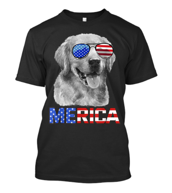 Golden Retriever Dog With American Flag Sunglasses Merica 4th July T-Shirt