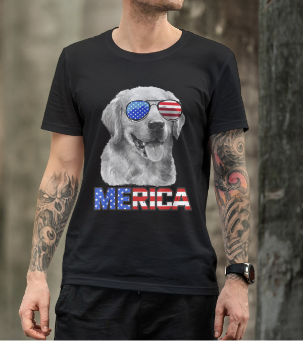 Golden Retriever Dog With American Flag Sunglasses Merica 4th July T-Shirt