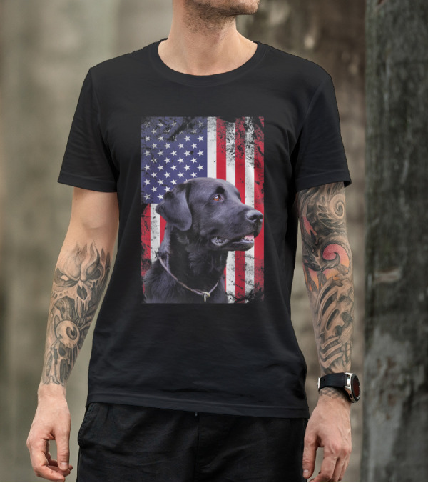 Black Labrador Dog With USA Vintage American Flag Background T-Shirt