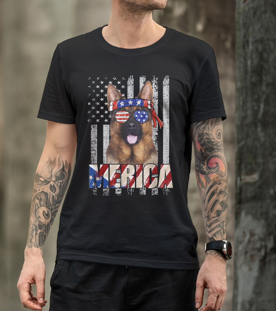 Merica German Shepherd With American Flag Bandana And Sunglasses T-Shirt