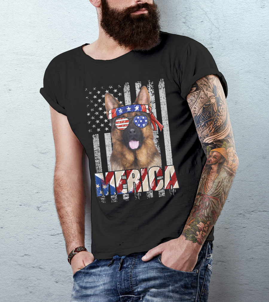 Merica German Shepherd With American Flag Bandana And Sunglasses T-Shirt