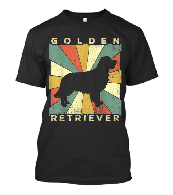 Golden Retriever Dog 70s Vintage Retro Silhouette With Sunburst Background T-Shirt