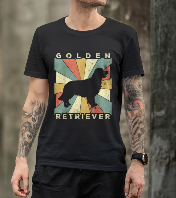 Golden Retriever Dog 70s Vintage Retro Silhouette With Sunburst Background T-Shirt