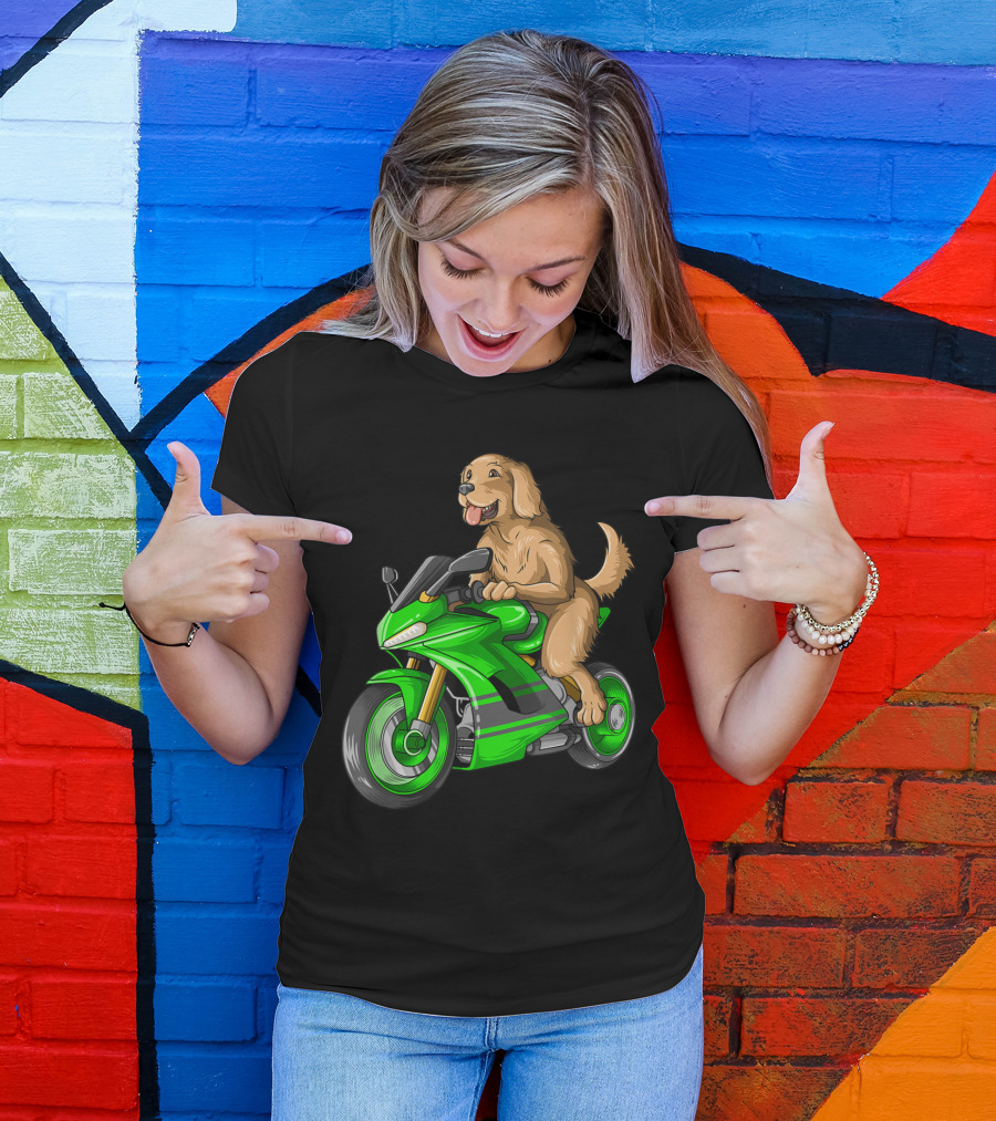 Golden Retriever Dog Riding Green Motorcycle T-Shirt