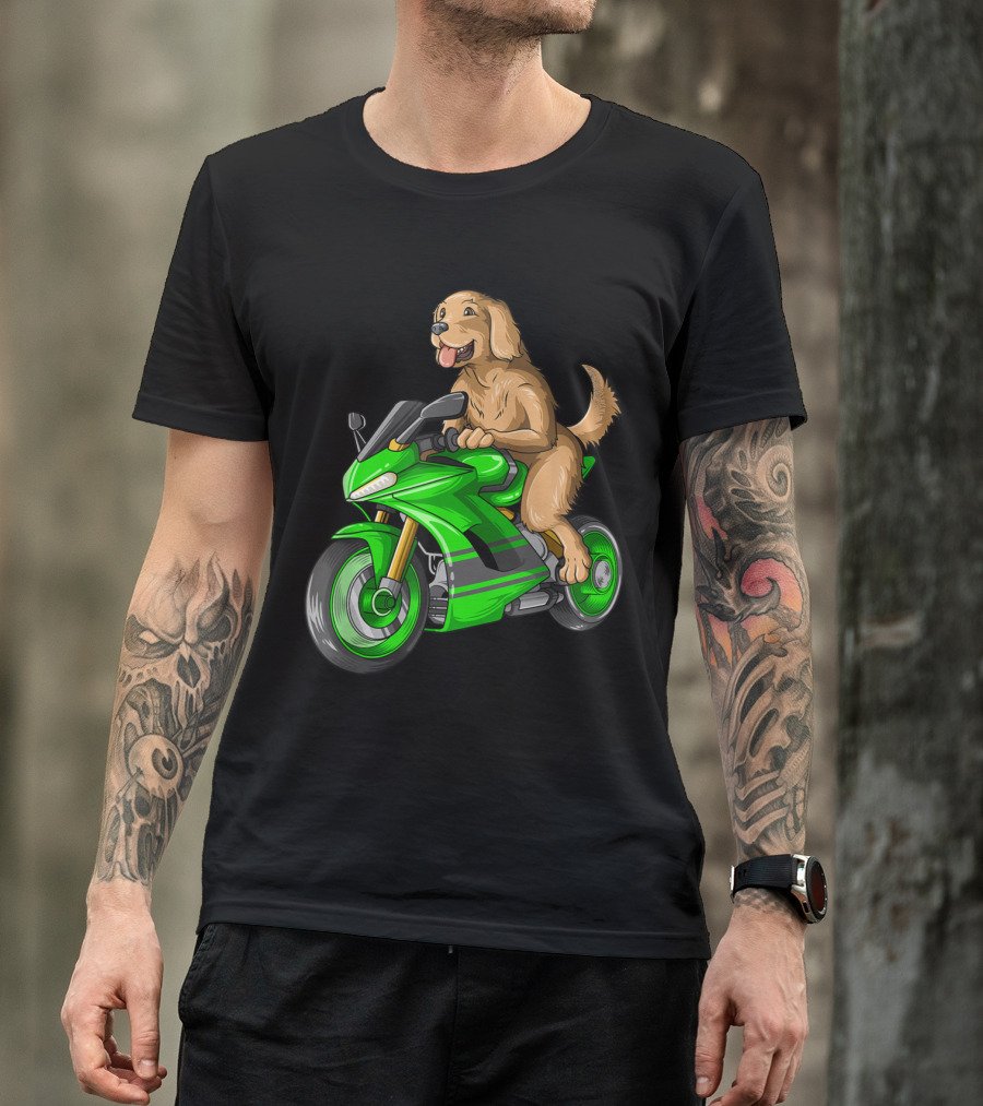 Golden Retriever Dog Riding Green Motorcycle T-Shirt