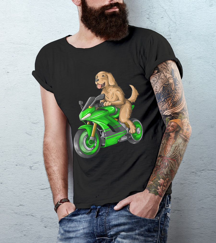 Golden Retriever Dog Riding Green Motorcycle T-Shirt