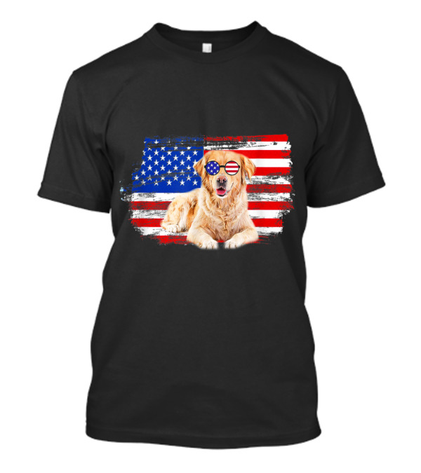 Golden Retriever With American Flag Glasses On 4th Of July Background T-Shirt