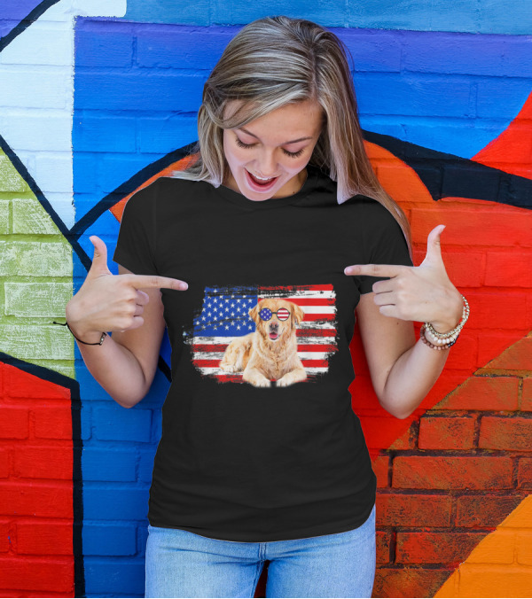 Golden Retriever With American Flag Glasses On 4th Of July Background T-Shirt